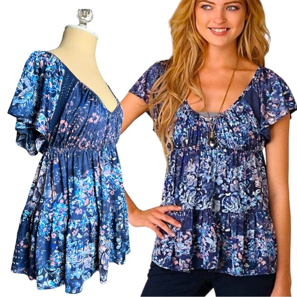 Free People Tops - Free People Boho Romance Empire Waist Babydoll Blue Floral Top Size Medium